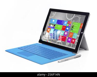 Microsoft Surface Pro 3 tablet computer with Windows 8 start screen on its display isolated on white background Stock Photo
