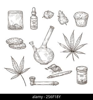 Sketch cannabis. Medical marijuana leaves, weed joint and bong, cbd oil. Hand drawn ganja vector set. Illustration sketch cannabis weed, natural organic hemp. Sketch cannabis. Medical marijuana leaves, weed joint and bong, cbd oil. Hand drawn ganja vector set Stock Vector
