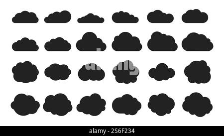 Black cloud shapes. Cloud silhouettes icons collection. Vector thinking bubbles or tags, message abstract shapes. Illustration cloud weather, cloudscape sketch form. Black cloud shapes. Cloud silhouettes icons collection. Vector thinking bubbles or tags, message abstract shapes Stock Vector