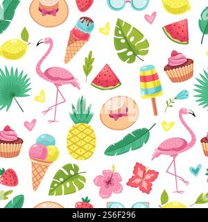 Summer seamless pattern. Tropical Flamingo, ice cream and pineapple, leaves and cocktail, watermelon, flowers vector texture. Flamingo and pineapple pattern, flower and watermelon illustration. Summer seamless pattern. Tropical Flamingo, ice cream and pineapple, leaves and cocktail, parrot and watermelon, flowers vector texture Stock Vector