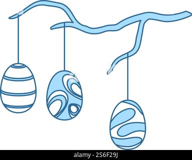 Easter Eggs Hanged On Tree Branch Icon. Thin Line With Blue Fill Design. Vector Illustration. Stock Vector