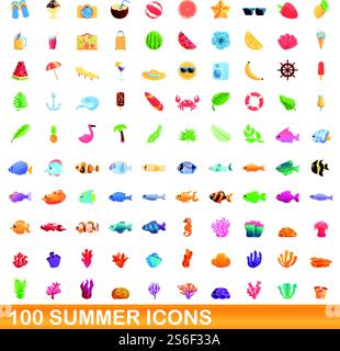 100 summer icons set. Cartoon illustration of 100 summer icons vector set isolated on white background. 100 summer icons set, cartoon style Stock Vector