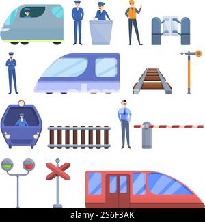 Electric train driver icons set. Cartoon set of Electric train driver vector icons for web design. Electric train driver icons set, cartoon style Stock Vector