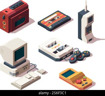 Retro gadgets. Computer camera telephone vhs player game console portable old devices vector isometric. Vintage game computer, old technology device player illustration. Retro gadgets. Computer camera telephone vhs player game console portable old devices vector isometric Stock Vector