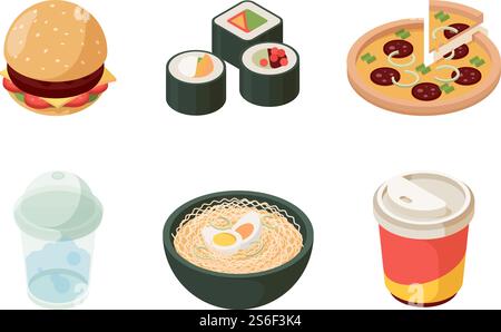 Fast food isometric. Burger sushi pizza cold drinks hot dog donuts ice cream junk unhealthy food vector icon collection. Fast food isometric and drinks illustration, snack and ice cream. Fast food isometric. Burger sushi pizza cold drinks hot dog donuts ice cream junk unhealthy food vector icon collection Stock Vector