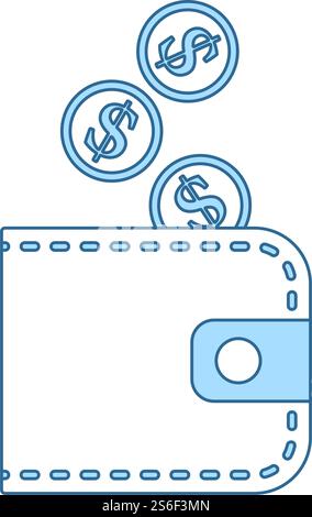 Golden Coins Fall In Purse Icon. Thin Line With Blue Fill Design. Vector Illustration. Stock Vector