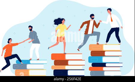 Climbing books. Peoples in library going top. Education vector concept. Top book education, knowledge success, illustration student climb. Climbing books. Peoples in library going top. Education vector concept Stock Vector