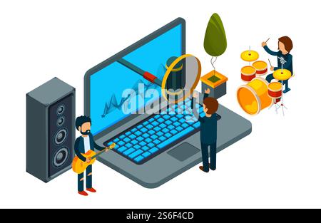 Home record studio. Isometric guys record song on laptop. Vector musicians and singer. Illustration laptop studio, record with microphone. Home record studio. Isometric guys record song on laptop. Vector musicians and singer Stock Vector