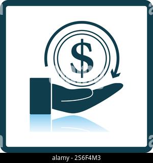 Cash Back Coin To Hand Icon. Square Shadow Reflection Design. Vector Illustration. Stock Vector