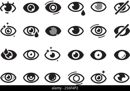 Eyes symbols. Closed opening eye human parts optical medical healthcare insomnia cataract good looking vision vector icons. Eye sight, look human, see and eyesight illustration. Eyes symbols. Closed opening eye human parts optical medical healthcare insomnia cataract good looking vision vector icons Stock Vector