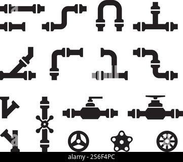 Pipe icons. Metal industry water pipelines valve constructions connectors steel vector pipes silhouettes. Part of pipe tube, pipeline for water illustration. Pipe icons. Metal industry water pipelines valve constructions connectors steel vector pipes silhouettes Stock Vector