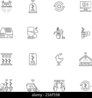 Smart farm icon. Innovation agricultural processes computer plants wheat growth mobile network sprinkler control technology vector. Farming robot icon, tractor agriculture innovation illustration. Smart farm icon. Innovation agricultural processes computer plants wheat growth mobile network sprinkler control technology vector Stock Vector
