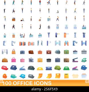 100 office icons set. Cartoon illustration of 100 office icons vector set isolated on white background. 100 office icons set, cartoon style Stock Vector