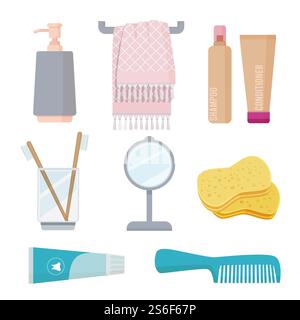 Bathroom accessories. Personal hygiene items toothbrush paste sponge towel gel soap vector cartoon set. Toothbrush and bathroom, soap and paste, shampoo bottle illustration. Bathroom accessories. Personal hygiene items toothbrush paste sponge towel gel soap vector cartoon set Stock Vector