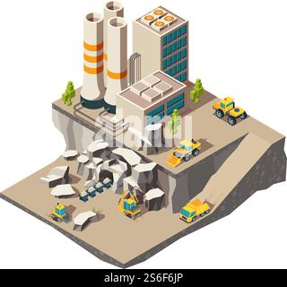 Mining isometric. Rock mine industry production quarry construction technics vector composition. Industrial equipment mine, rock excavating 3d isometric. Mining isometric. Rock mine industry production quarry construction technics vector composition Stock Vector
