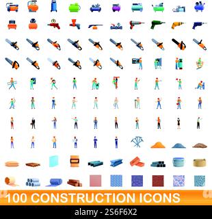 100 construction icons set. Cartoon illustration of 100 construction icons vector set isolated on white background. 100 construction icons set, cartoon style Stock Vector