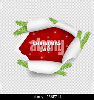 Christmas sale banner. Ripped paper hole with christmas tree branches. Vector realistic torn paper sheet. Illustration ripped paper, xmas sale banner torn. Christmas sale banner. Ripped paper hole with christmas tree branches. Vector realistic torn paper sheet Stock Vector