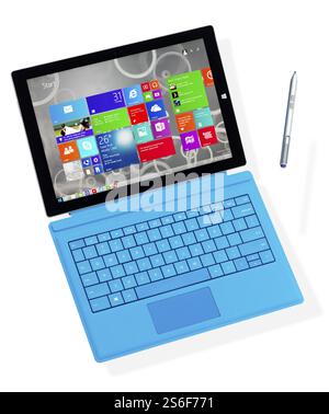 Microsoft Surface Pro 3 tablet computer with a pen suspended in mid-air isolated on white background Stock Photo
