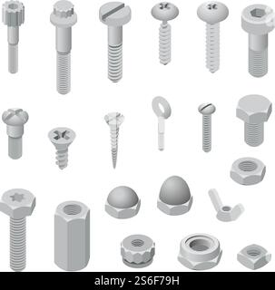 Screw-bolt icons set. Isometric set of screw-bolt vector icons for web design isolated on white background. Screw-bolt icons set, isometric style Stock Vector