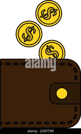 Golden Coins Fall In Purse Icon. Editable Outline With Color Fill Design. Vector Illustration. Stock Vector