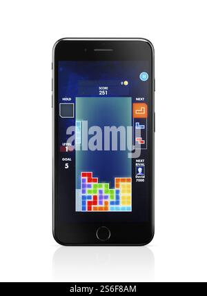 Apple iPhone 7 Plus with Tetris, classic video game on its display isolated on white background with clipping path Stock Photo