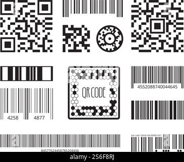 Barcode symbols. Coding products sticker qr digital code technology vector template collection. Illustration barcode identification, tag code for scan. Barcode symbols. Coding products sticker qr digital code technology vector template collection Stock Vector