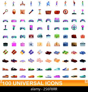 100 universal icons set. Cartoon illustration of 100 universal icons vector set isolated on white background. 100 universal icons set, cartoon style Stock Vector