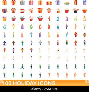 100 holiday icons set. Cartoon illustration of 100 holiday icons vector set isolated on white background. 100 holiday icons set, cartoon style Stock Vector