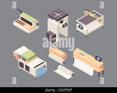 Printing service. Offset printers vinyl board printing plotters folding machines and cutter for paper vector isometric. Illustration printer publishing, offset equipment copy. Printing service. Offset printers vinyl board printing plotters folding machines and cutter for paper vector isometric Stock Vector