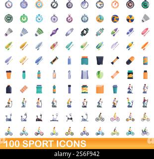 100 sport icons set. Cartoon illustration of 100 sport icons vector set isolated on white background. 100 sport icons set, cartoon style Stock Vector