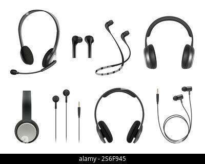 Headset realistic. Earbuds music modern equipment wireless headset vector collection. Illustration headset accessory, realistic equipment headphone with microphone. Headset realistic. Earbuds music modern equipment wireless headset vector collection Stock Vector