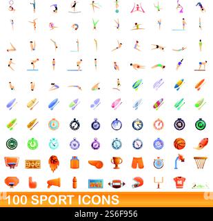 100 sport icons set. Cartoon illustration of 100 sport icons vector set isolated on white background. 100 sport icons set, cartoon style Stock Vector