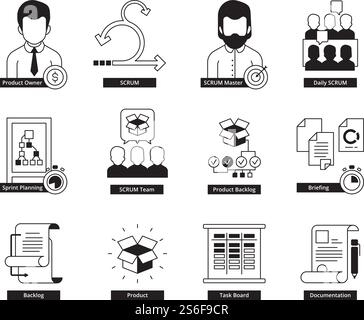Scrum icon. Agility development methodology business processes iterative daily work master time management vector icon. Agile scrum project management, software plan, agility process illustration. Scrum icon. Agility development methodology business processes iterative daily work master time management vector icon Stock Vector