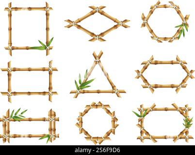Bamboo frames. Geometric forms of nature bamboo rustic plants tropical objects japanese authentic vector frames. Stick bamboo square, decoration various frame illustration. Bamboo frames. Geometric forms of nature bamboo rustic plants tropical objects japanese authentic vector frames Stock Vector