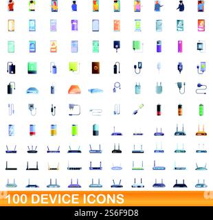 100 device icons set. Cartoon illustration of 100 device icons vector set isolated on white background. 100 device icons set, cartoon style Stock Vector
