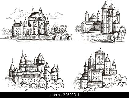 Hand drawn medieval castles drawing ancient building set in engraving ...