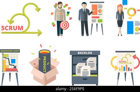 Scrum system. Business processes time management agility team work methodology framework software development project management vector. Agile system strategy software project development illustration. Scrum system. Business processes time management agility team work methodology framework software development project management vector Stock Vector