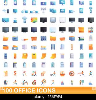 100 office icons set. Cartoon illustration of 100 office icons vector set isolated on white background. 100 office icons set, cartoon style Stock Vector