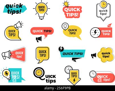 Quick tips badges. Graphic stickers ideas reminders quickly thinks solutions learning logos vector collection. Quick tips badge, advice and idea illustration. Quick tips badges. Graphic stickers ideas reminders quickly thinks solutions learning logos vector collection Stock Vector