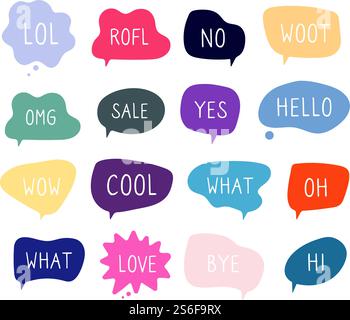 Bubble talk phrases. Online chat clouds with different words comments information shapes vector. Illustration phrase and dialog in bubble. Bubble talk phrases. Online chat clouds with different words comments information shapes vector Stock Vector
