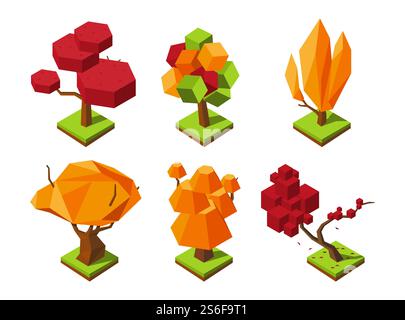 Polygonal isometric autumn tree. Vector low poly trees. 3D fall forest elements. Illustration forest tree autumn, nature isometric graphic. Polygonal isometric autumn tree. Vector low poly trees. 3D fall forest elements Stock Vector