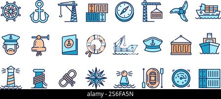 Marine port icons set. Outline set of marine port vector icons for web design isolated on white background. Marine port icons set, outline style Stock Vector