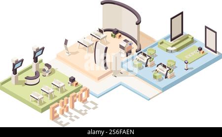 Exhibition isometric. Advertizing events stands and people vector 3d low poly exhibition complex interior. 3d isometric exhibition low poly, building showcase illustration. Exhibition isometric. Advertizing events stands and people vector 3d low poly exhibition complex interior Stock Vector