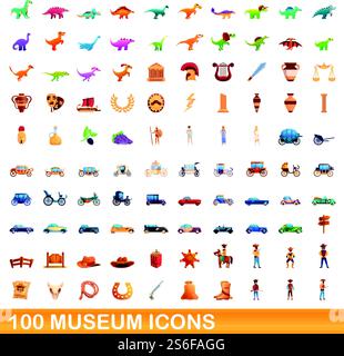 100 museum icons set. Cartoon illustration of 100 museum icons vector set isolated on white background. 100 museum icons set, cartoon style Stock Vector
