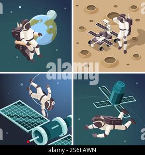 Space illustrations. Astronauts outdoor planet surface space orbit floating spaceship discovery universe vector isometric backgrounds. Spaceman on moon and fly around earth illustration. Space illustrations. Astronauts outdoor planet surface space orbit floating spaceship discovery universe vector isometric backgrounds Stock Vector