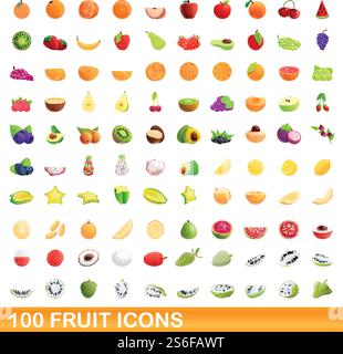 100 fruit icons set. Cartoon illustration of 100 fruit icons vector set isolated on white background. 100 fruit icons set, cartoon style Stock Vector