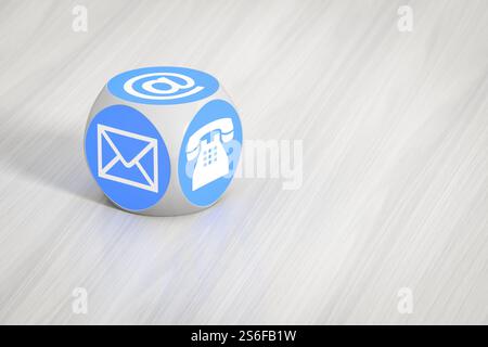 3d rendering of a turquoise cube with signs for email phone and letter Stock Photo