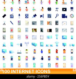 100 internet icons set. Cartoon illustration of 100 internet icons vector set isolated on white background. 100 internet icons set, cartoon style Stock Vector