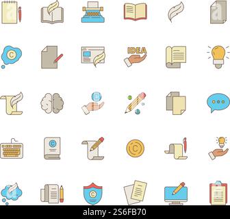 Copywriting symbols. Identity writers pen blog coding social content service production books letters articles vector flat colored icon. Illustration of copywriting production, content blog. Copywriting symbols. Identity writers pen blog coding social content service production books letters articles vector flat colored icon Stock Vector