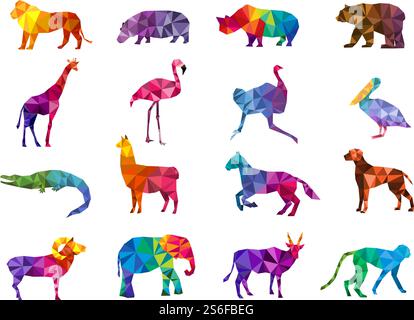Low poly animals. Silhouettes from geometric triangular form colorful animals zoo origami vector pictures. Illustration monkey lion and bird, form polygonal. Low poly animals. Silhouettes from geometric triangular form colorful animals zoo origami vector pictures Stock Vector